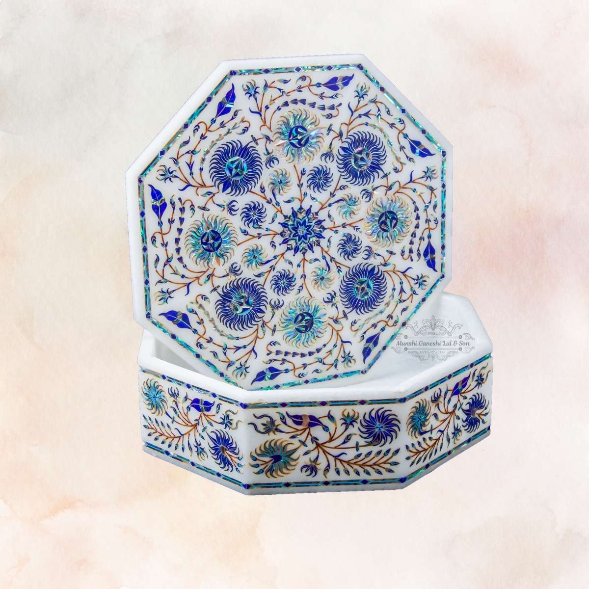 Blue Colour Designed Octagon Shape Marble Jewellery Box